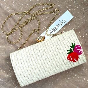 Brand New Alessia Woven Cream Clutch Gold Tone Chain Purse w/ Strawberry Accent